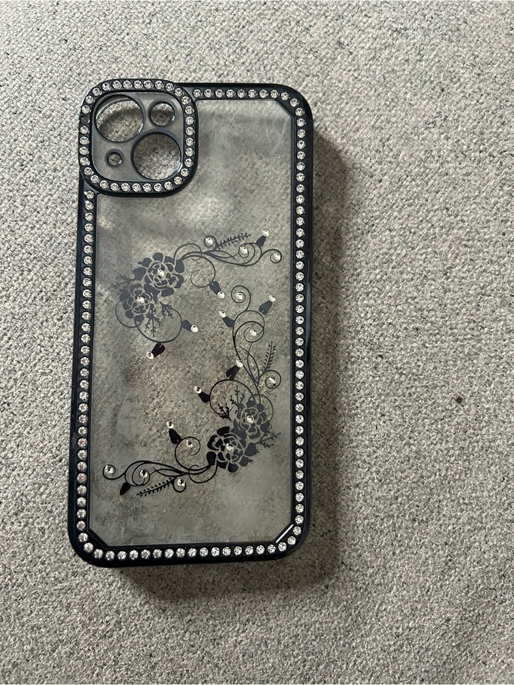 Clear Floral Rhinestone Phone Case - Black